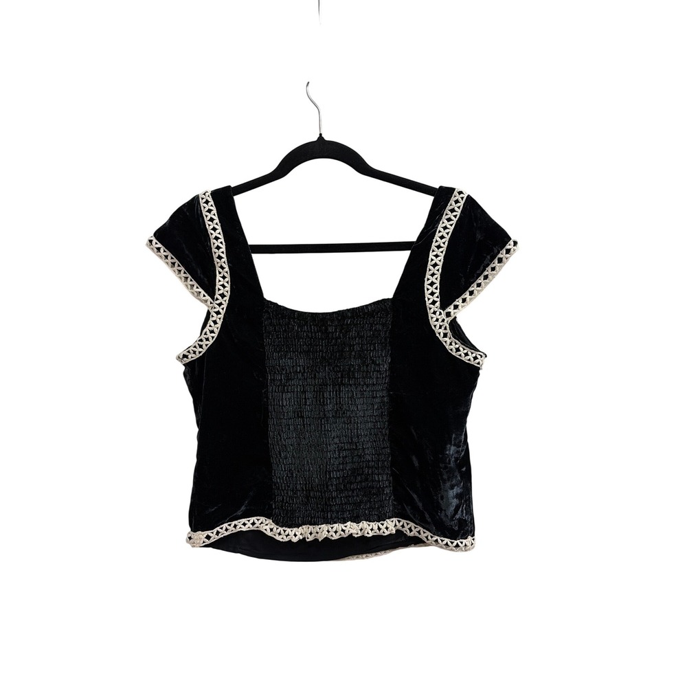 Free People Black Velvet Corset Top Lattice Crochet Trim Cap Sleeve OB2412775 M - Picture 3 of 5